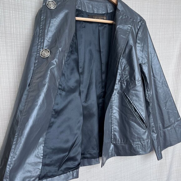 Zara Short Water Repellent Trench Coat Collarless Cropped Front Pockets - Picture 8 of 16
